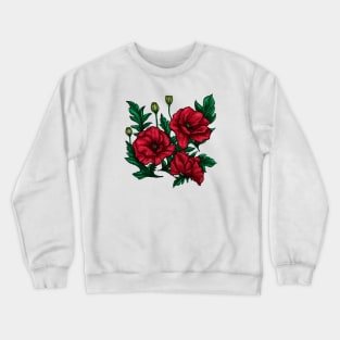 Hand-drawn red and green poppies flowers on white Crewneck Sweatshirt